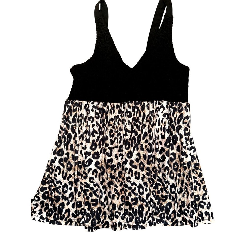 CCC Leopard Print Sleeveless Tank Top Dress With Black Smocked Bodice Straps Med - Picture 5 of 6